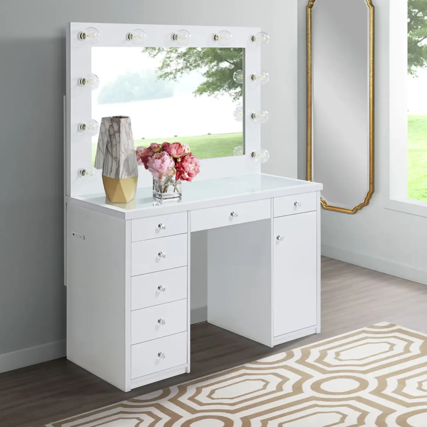 Hot Anisa 7 Drawer Vanity with Lighted Mirror Vanities|Kids Desks & Chairs