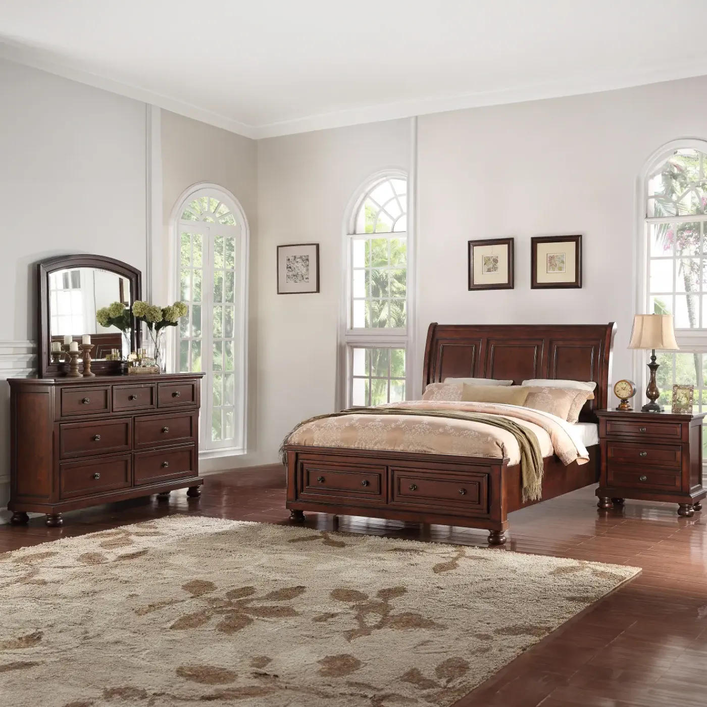 New Cortland Cherry Bedroom Set Queen Sleigh Bed, Dresser, Mirror & Nightstand Bedroom Sets