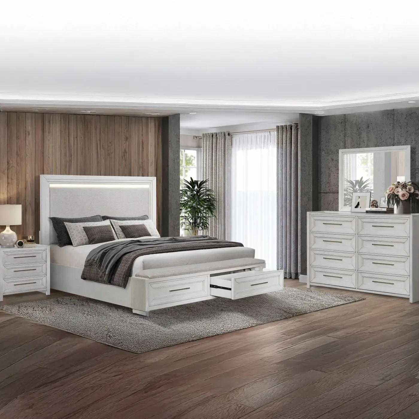 Hot Laurel King Bench Storage Bed, Dresser, Mirror & Nightstand Bedroom Sets